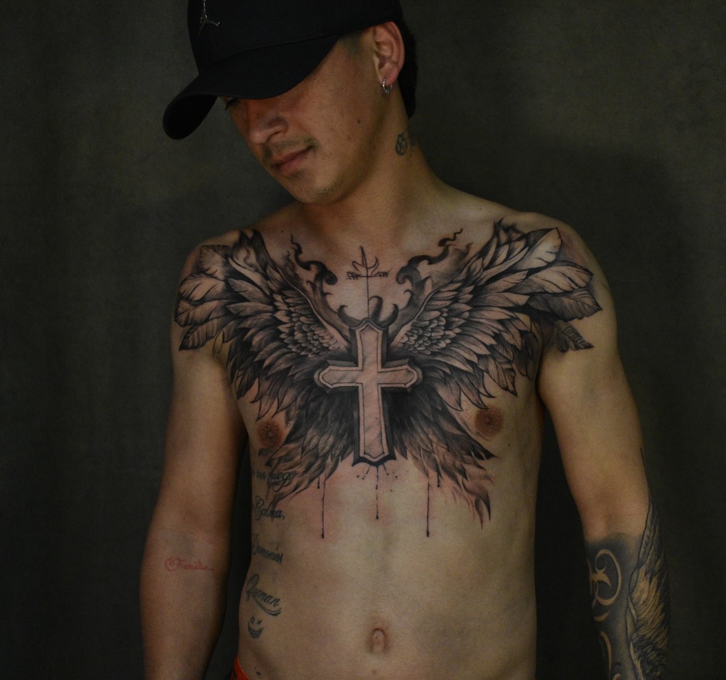 Angel Wing Cross Chest Tattoo