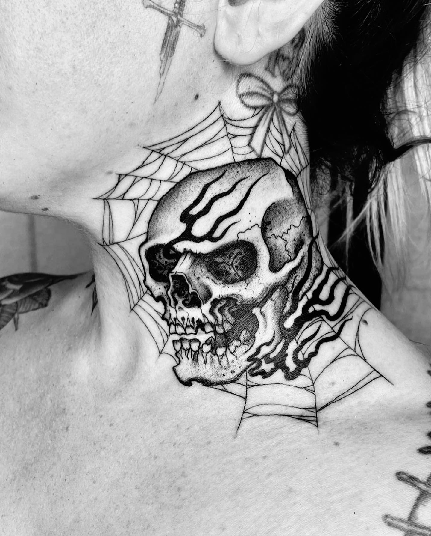 Skull Neck Web Tattoo