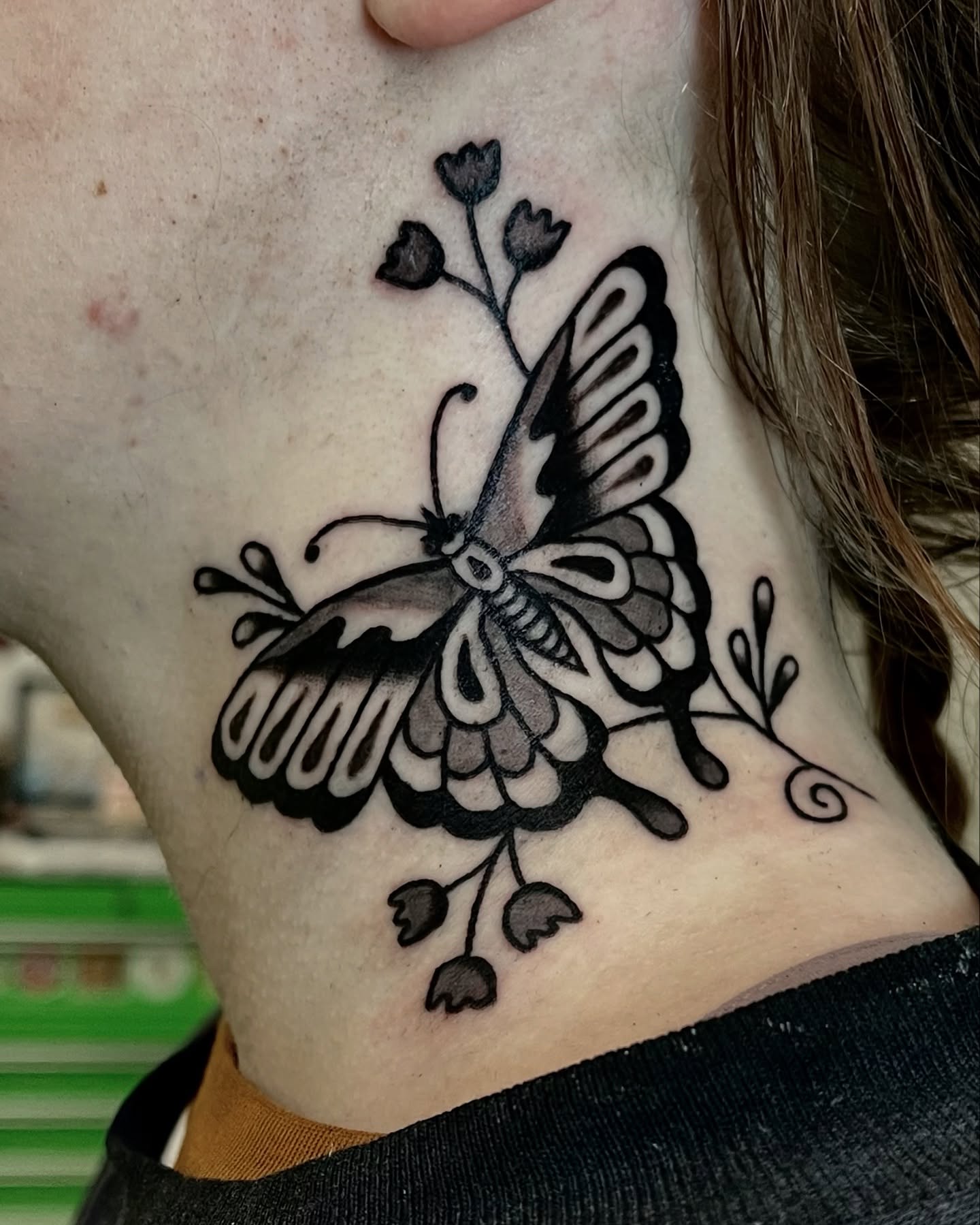 Blackwork Butterfly Neck Tattoo