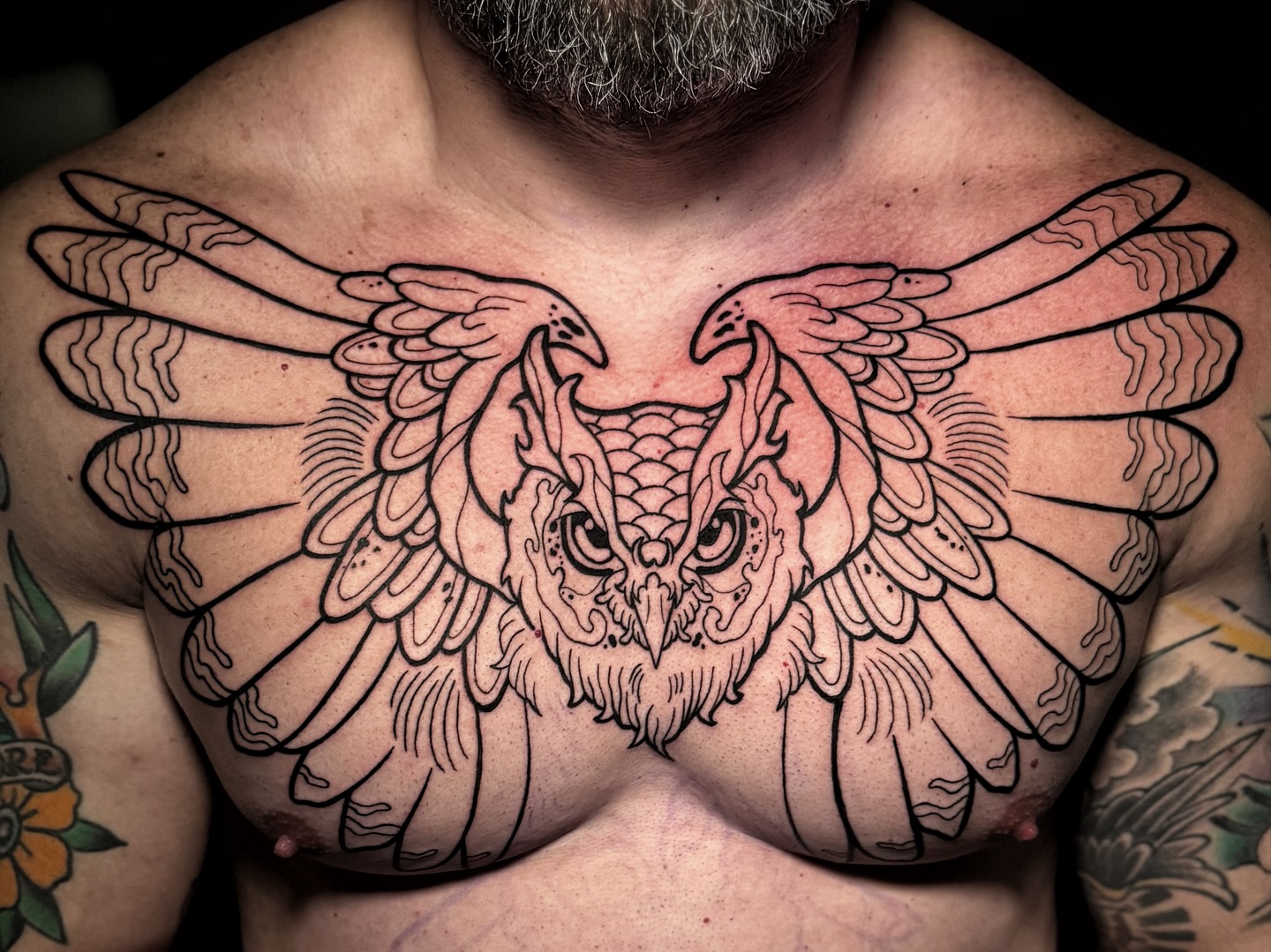 Bold Owl Chest Tattoo