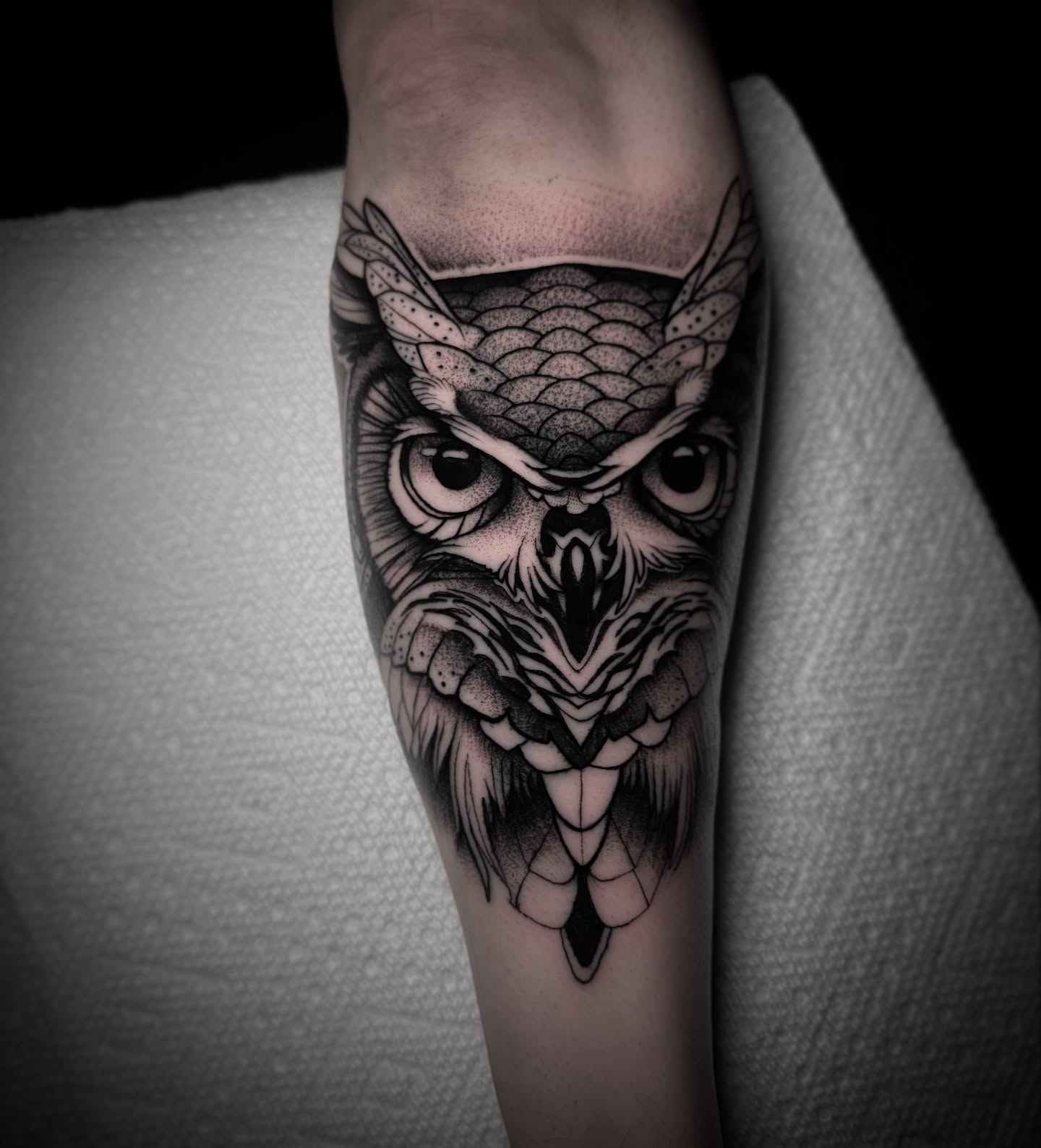 Bold Owl Forearm Tattoo