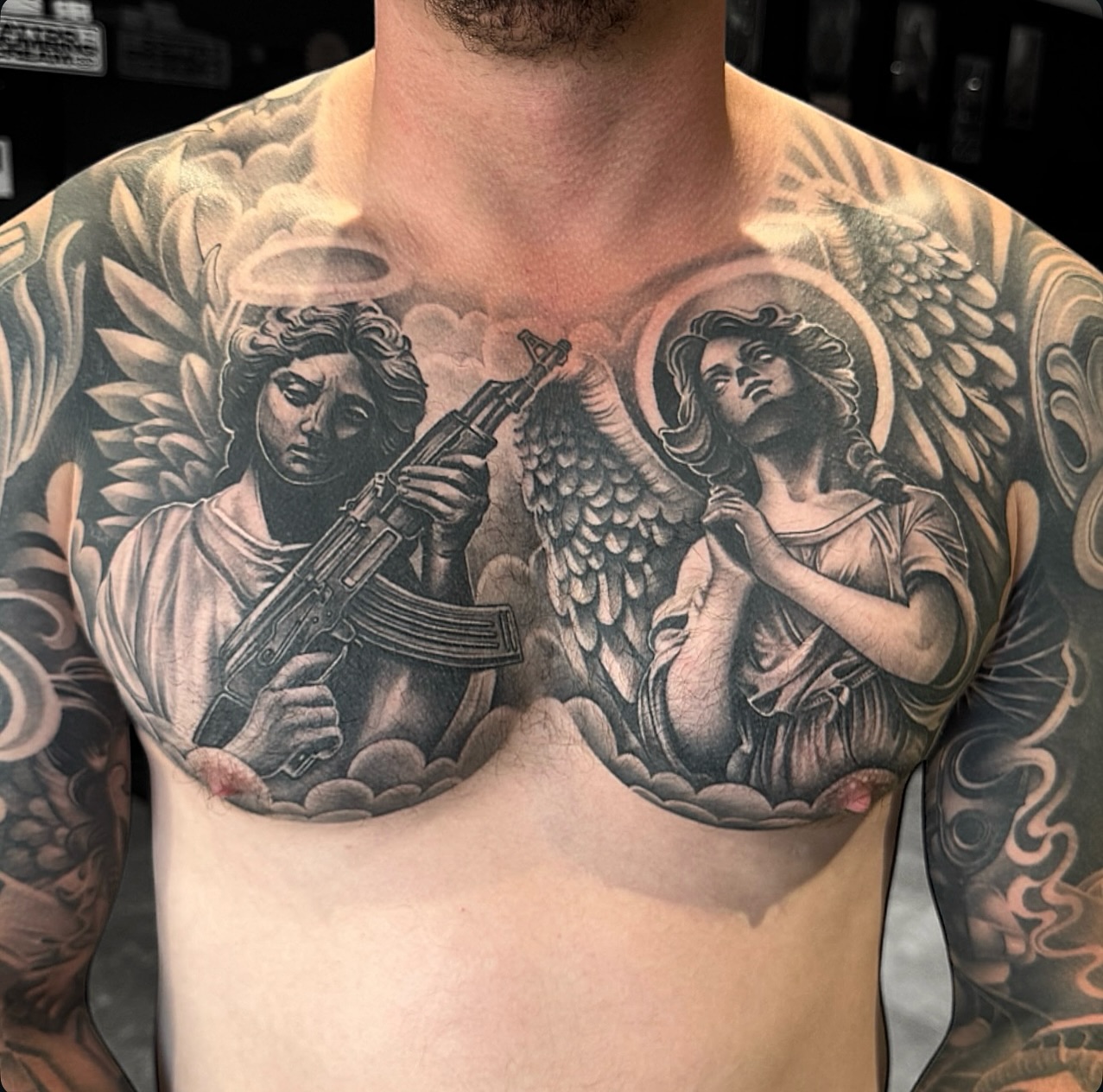 Contrasting Angelic Chest Tattoo