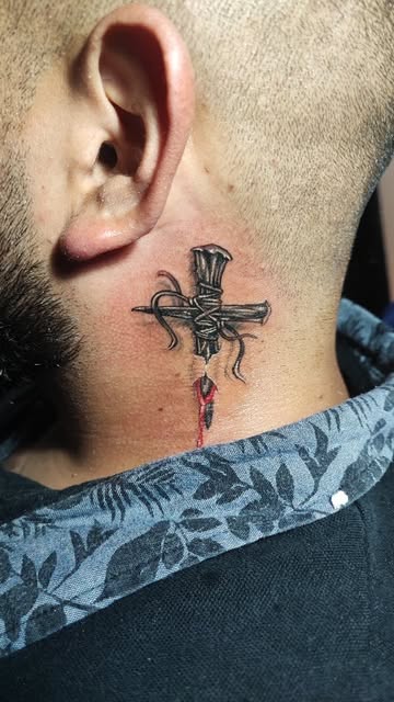 Cross and Ribbon Neck Tattoo