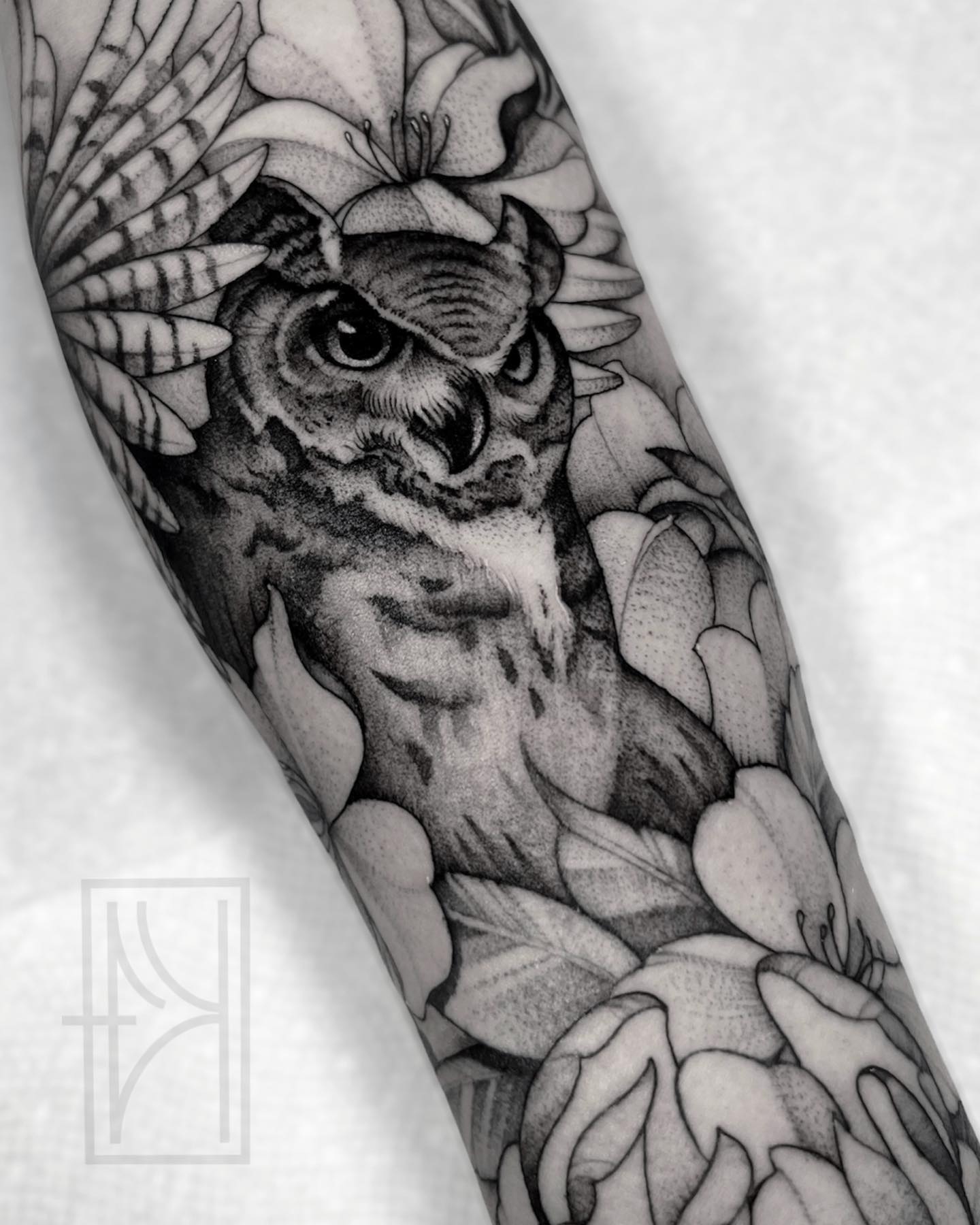 Detailed Owl Sleeve Tattoo