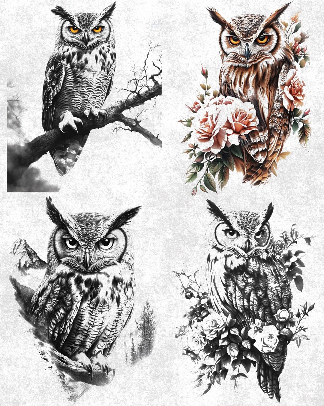 Elegant Owl Tattoo Set