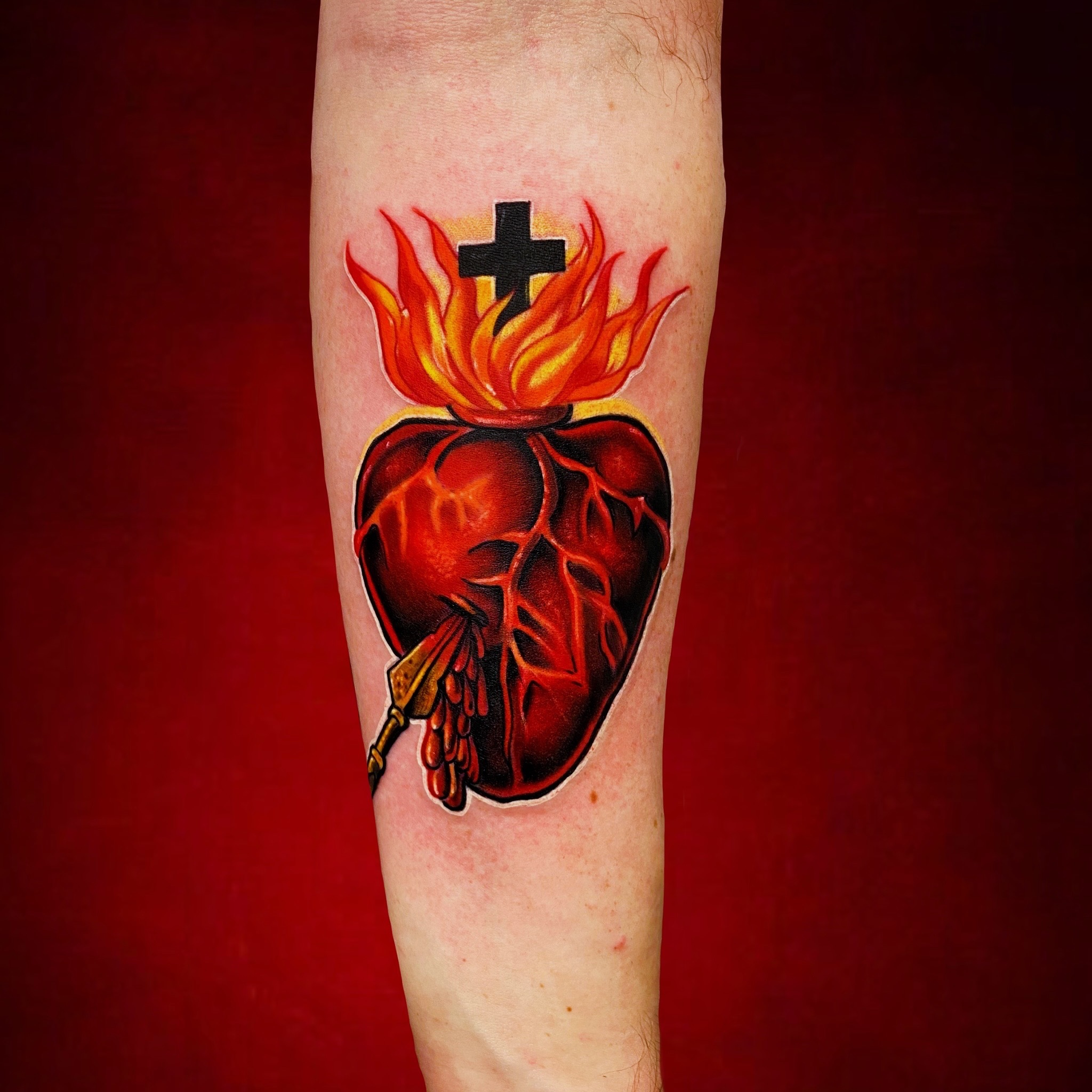 Flaming Sacred Heart Tattoo