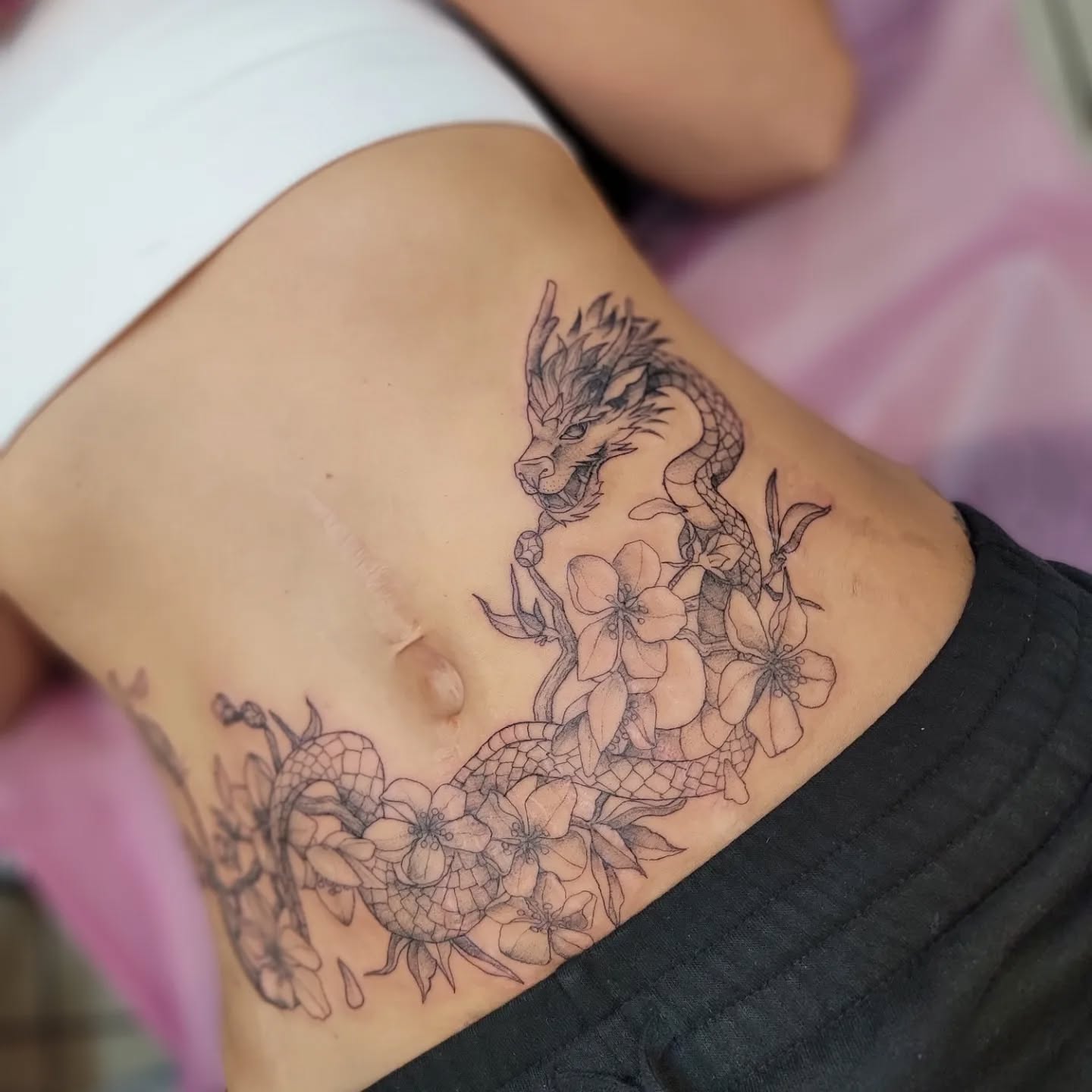 Floral Dragon Stomach Tattoo