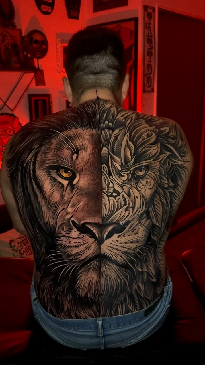 Half Lion Back Tattoo