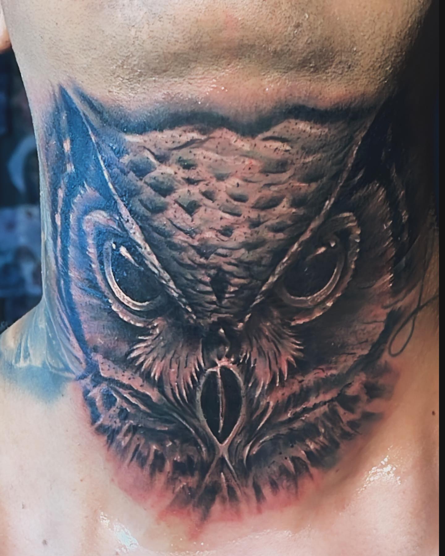 Intense Owl Neck Tattoo