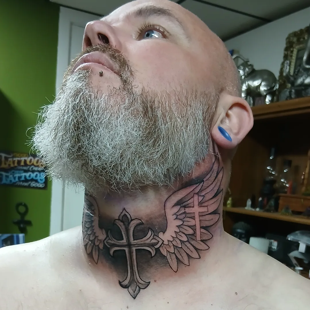 Cross Wings Throat Tattoo