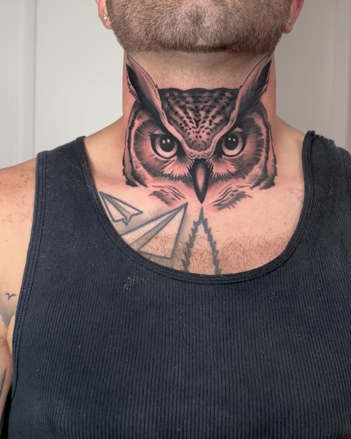 Men's Neck Owl Tattoo