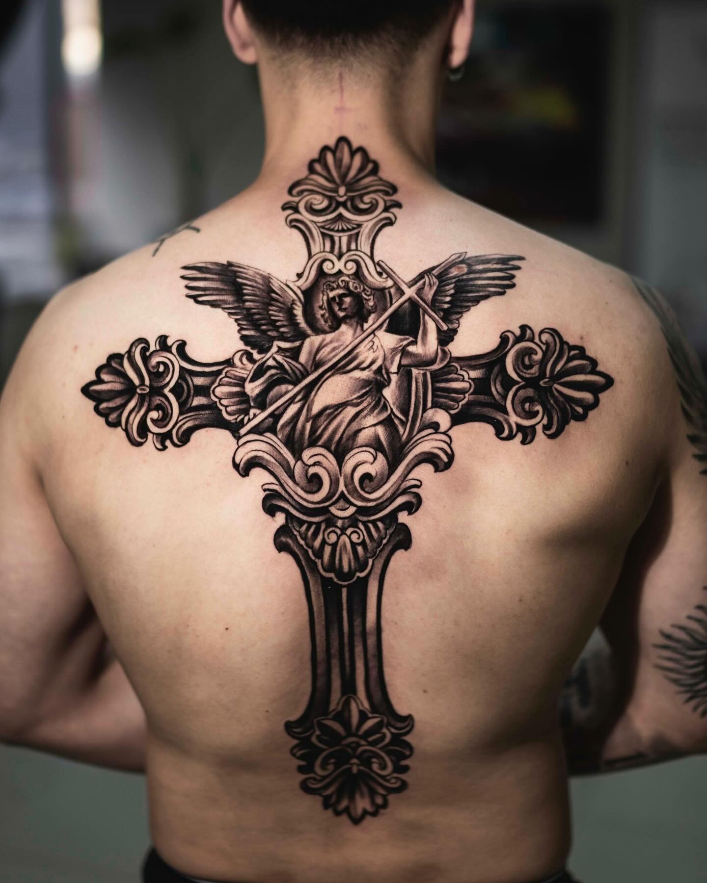 Ornate Angelic Cross Tattoo