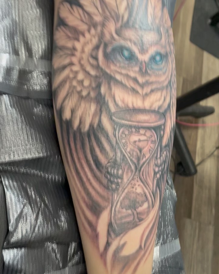 Owl with Hourglass Tattoo