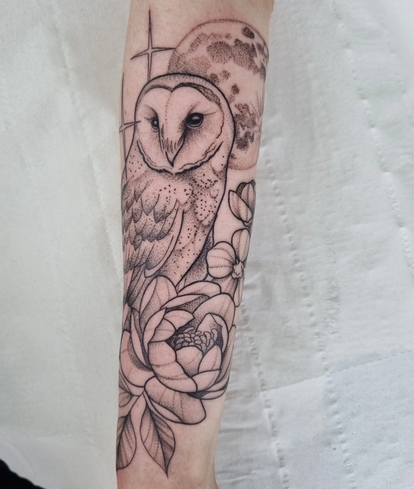 Owl with Moon and Flowers