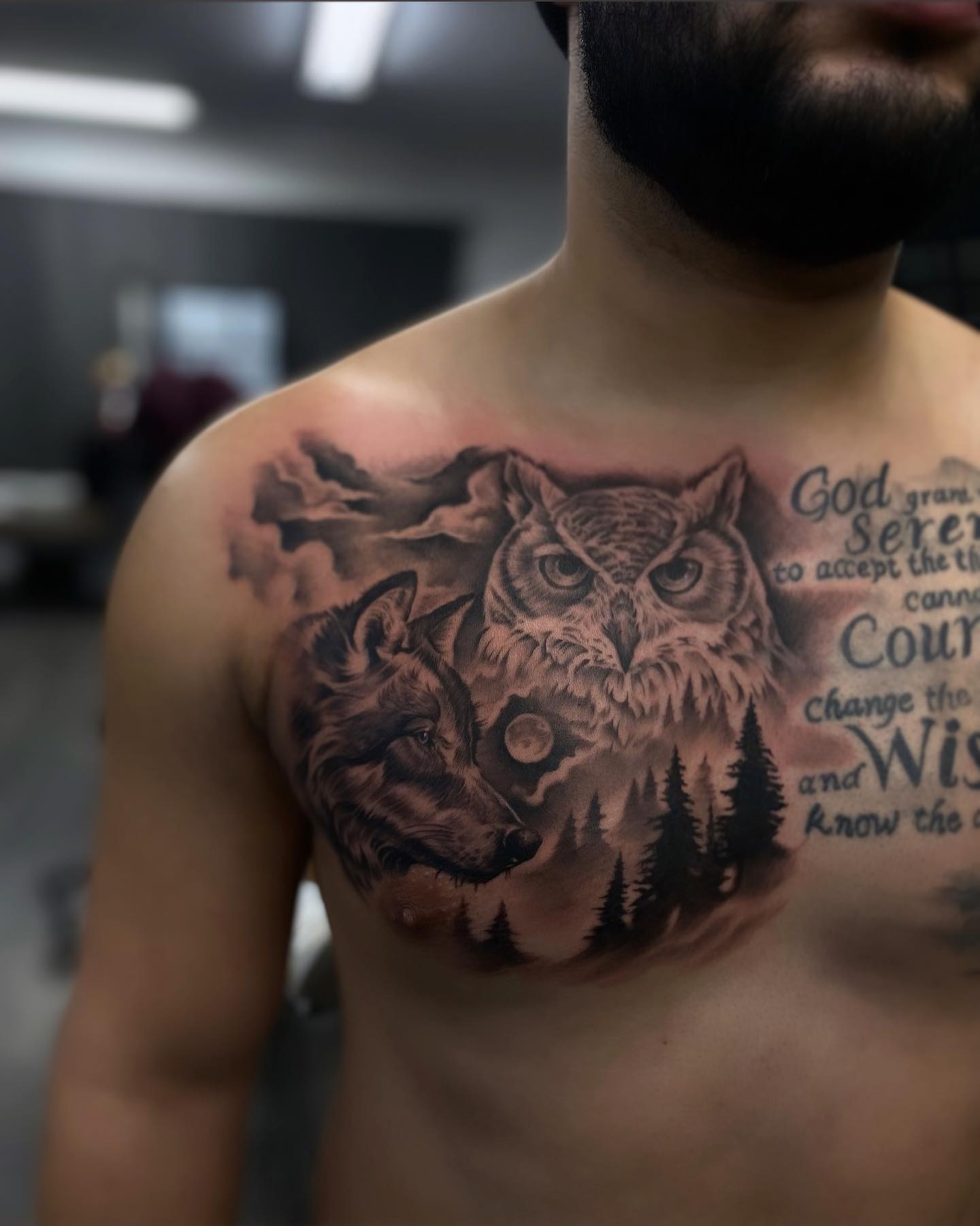 Owl and Wolf Chest Tattoo