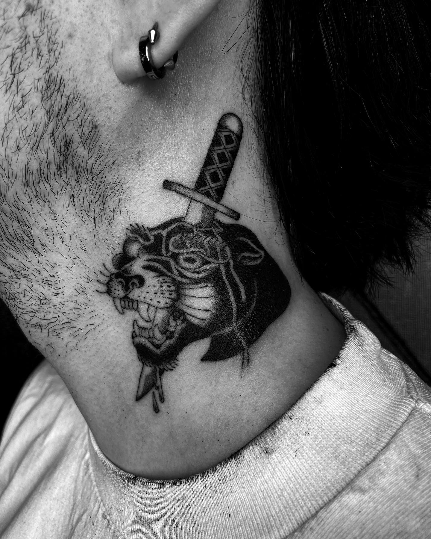 Panther Knife Neck Tattoo