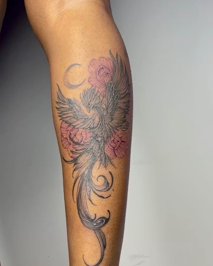 Phoenix and Floral Calf Tattoo