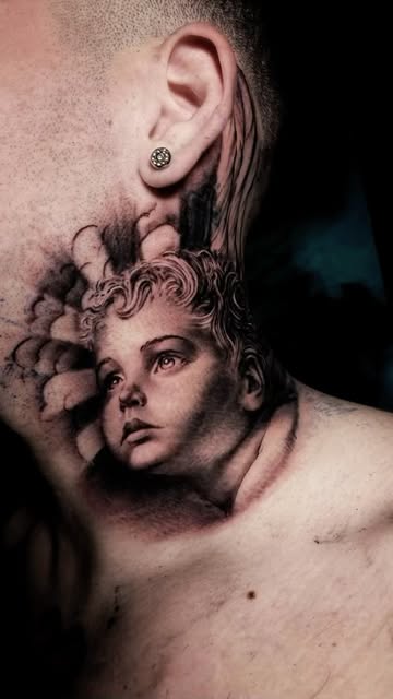 Realistic Cherub Neck Tattoo