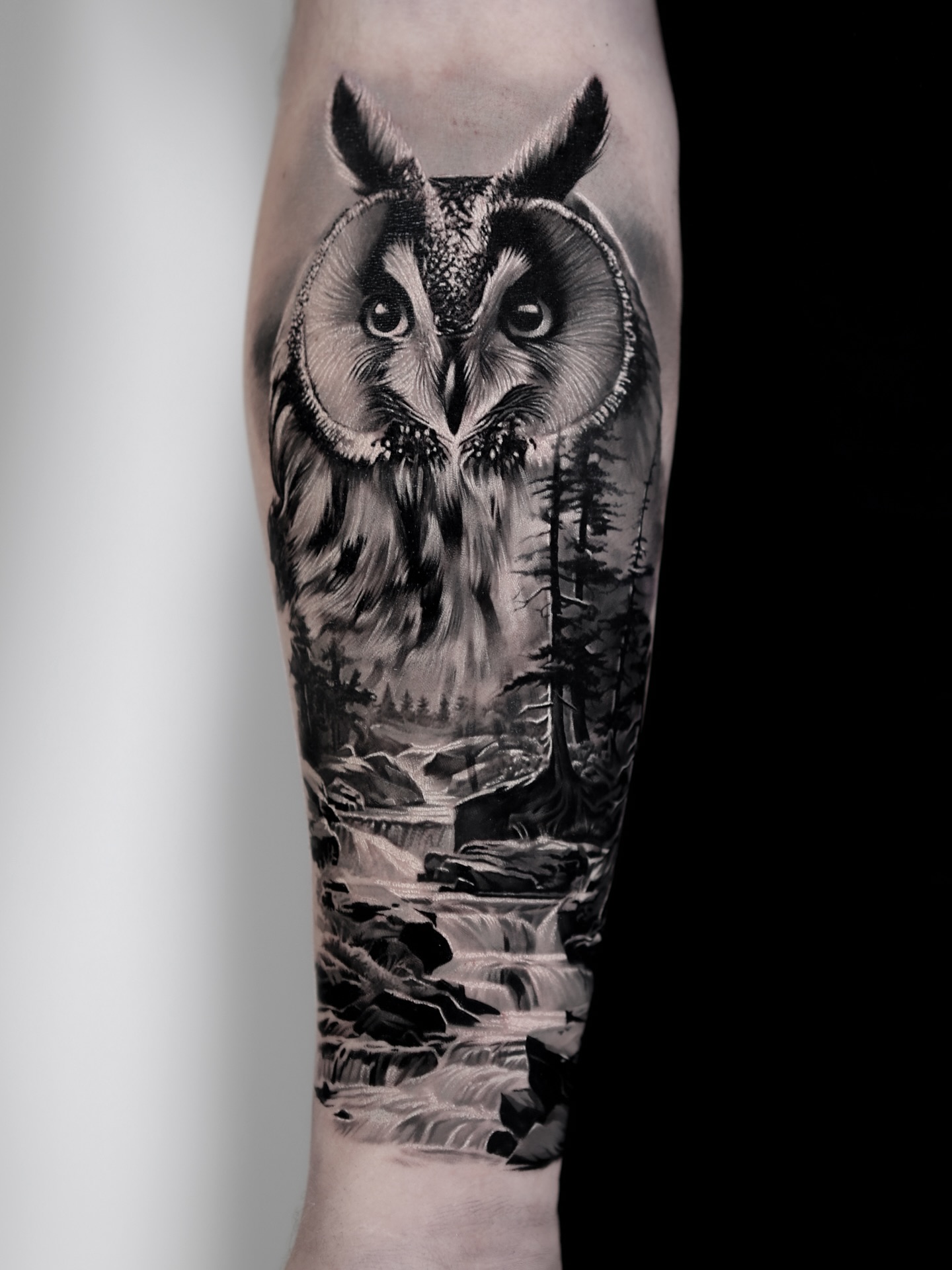 Realistic Owl Forest Tattoo