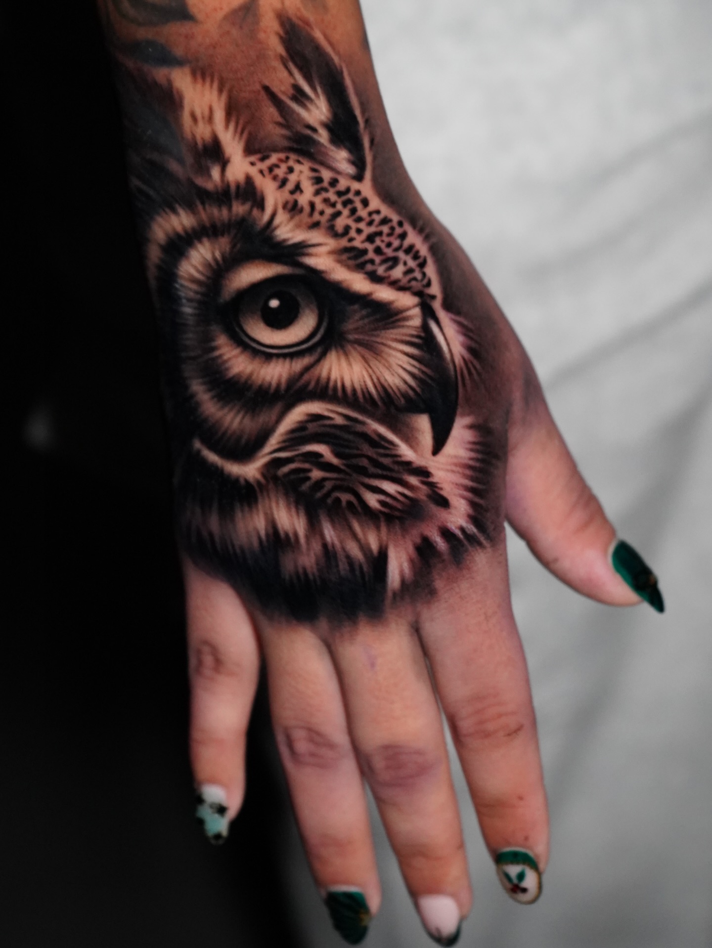Realistic Owl Hand Tattoo