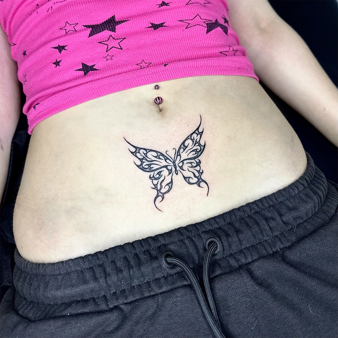 Tribal Butterfly Stomach Tattoo