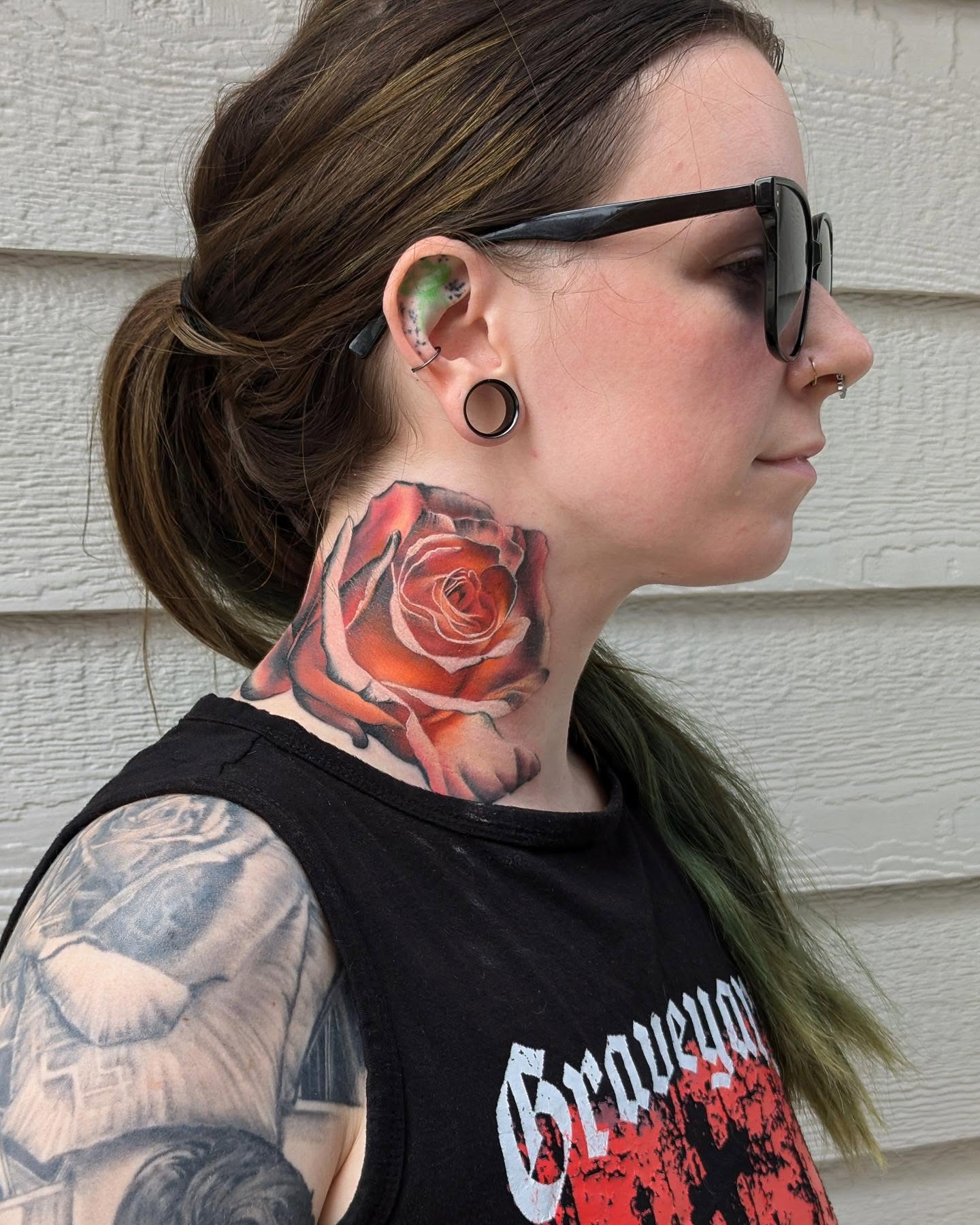 Vibrant Rose Neck Tattoo