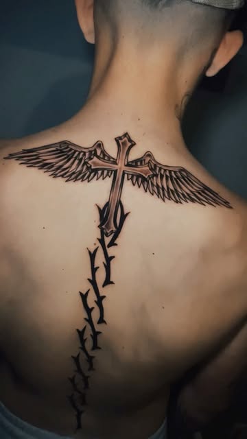 Winged Cross Back Tattoo
